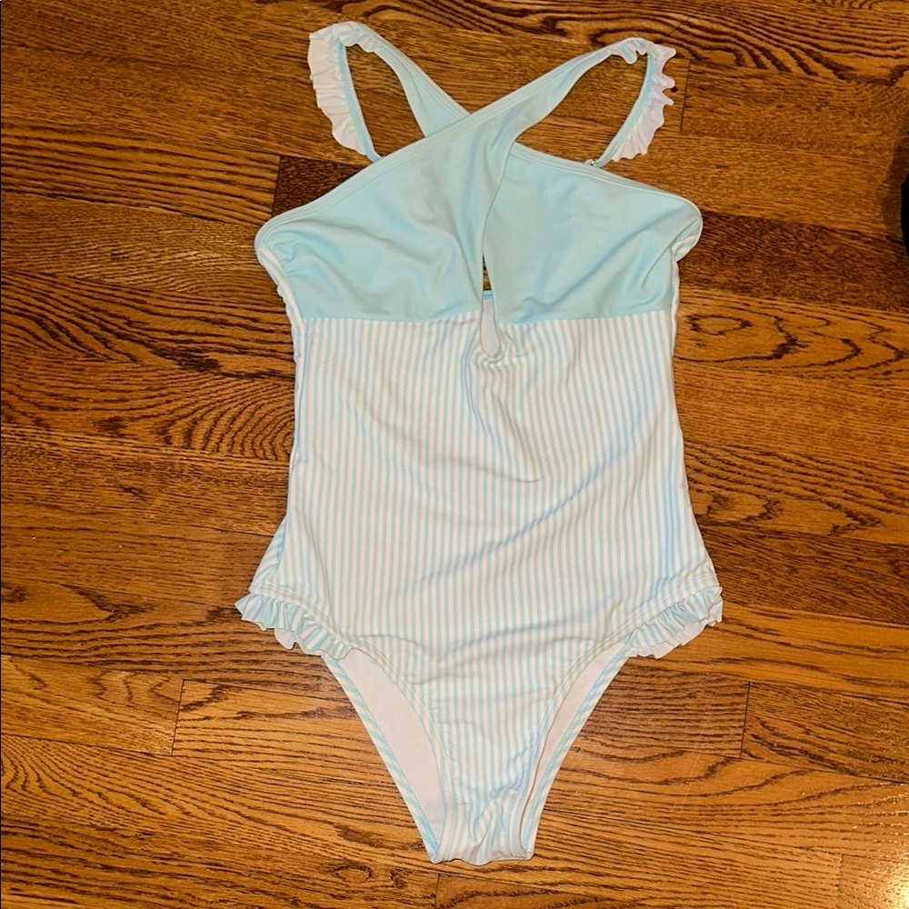 Women’s Sugar Coast Light Blue Striped One-Piece Swimsuit - Soft Ruffle Straps